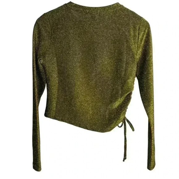 Derek Heart Gold Sparkly Long Sleeve Cropped Top Side Ruching Women Size Medium - Picture 2 of 9